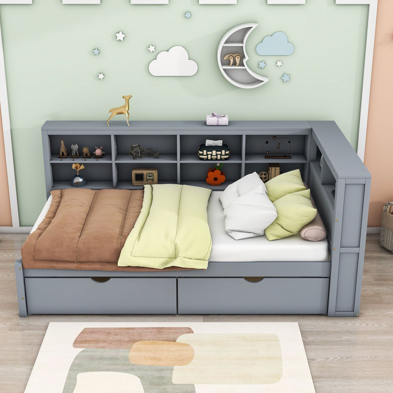 Lit de jour en bois tou avec 2 tiroirs et tablettes, Double, Gris