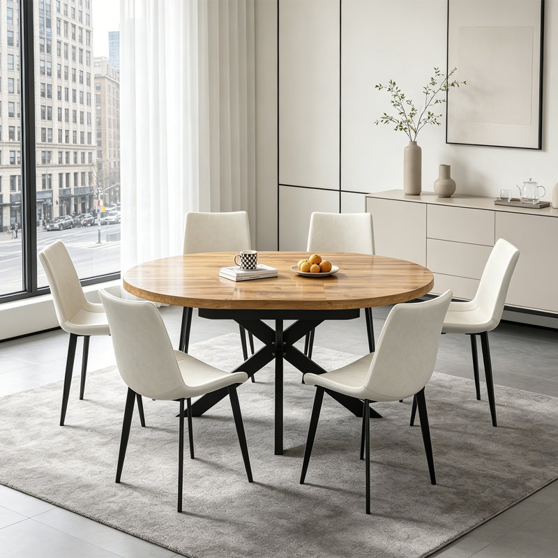Table de salle à manger extensible ronde 43 "à 59" pour 4-6, table de cuisine en bois de style Mid-Century moderne avec des feuilles amovibles pour économiser de l'espace