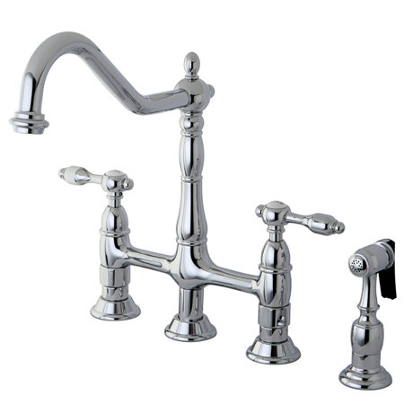 Kingston Brass Tudor Two-Handle 4-Hole Deck Mount Bridge Kitchen Faucet with Brass Side Sprayer, Polished Chrome