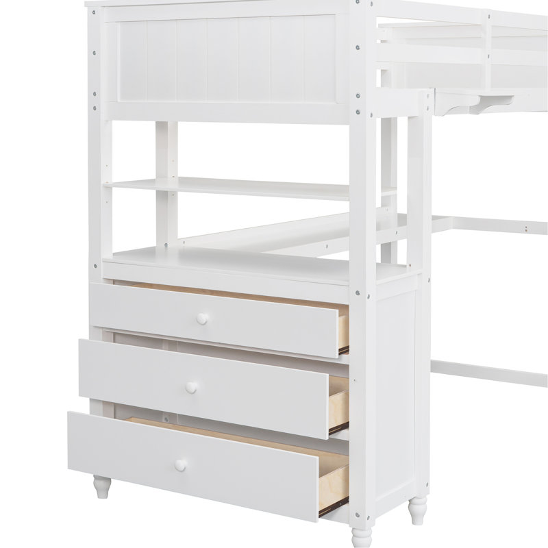 Lit mezzanine blanc simple avec tablette et tiroir - Organisez votre bureau en bois massif avec une solution peu encombrante