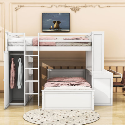 Full Over Twin 2 Drawers Wooden Bunk Bed with Desk, Shelves and Wardrobe