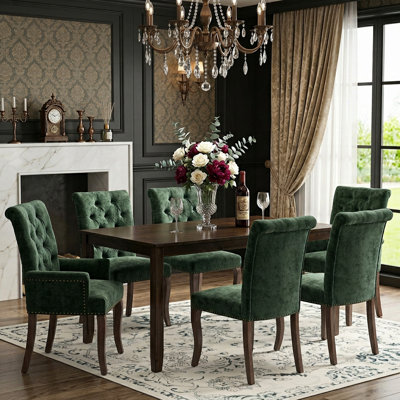 Mid-Century Modern Extendable Dining Table Set with 6 Upholstered Chenille Chairs for Dining Room