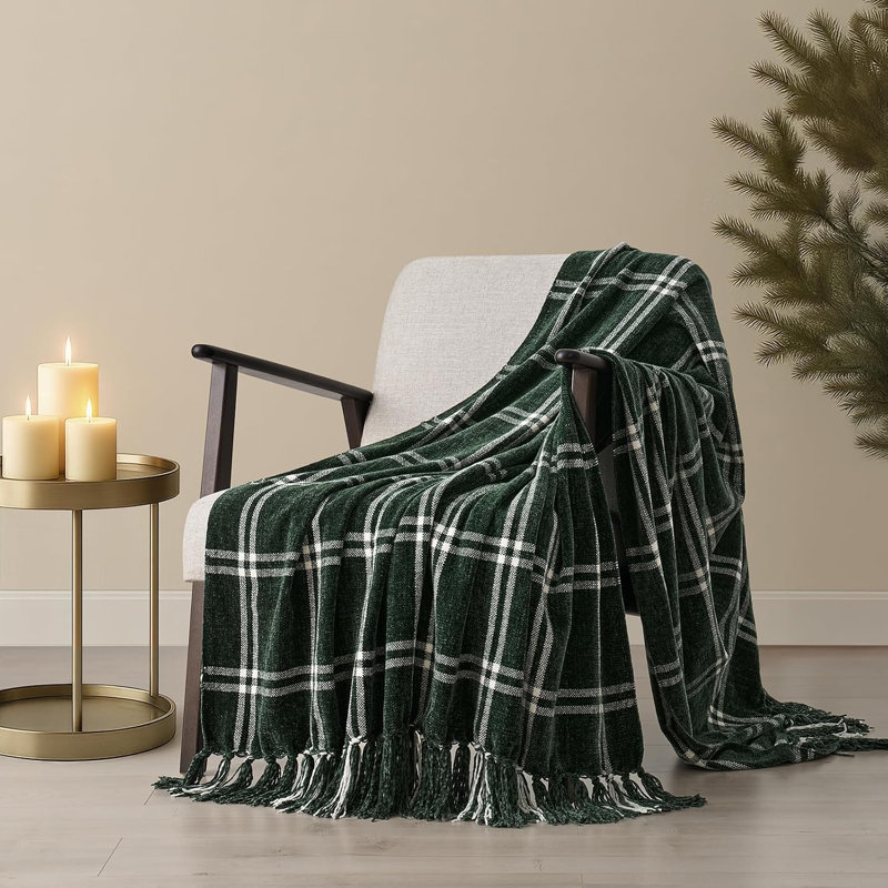 Soft Chenille Throw Blanket, 60" L x 50" W, Pine Green/White Plaid