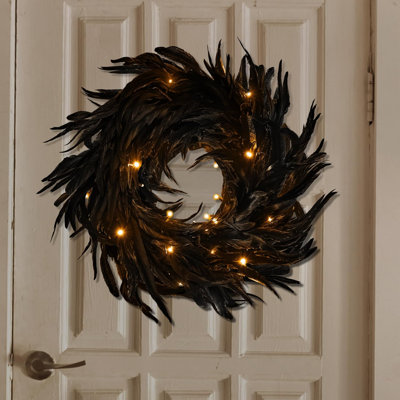 Couronne de plumes naturelles noires de 34 cm (13,5 po) pour décorations d'Halloween, accessoires de fête effrayants, accessoires photo d'Halloween, décoration pour porte d'entrée, porche, fenêtre, décorations de fête intérieures et extérieures