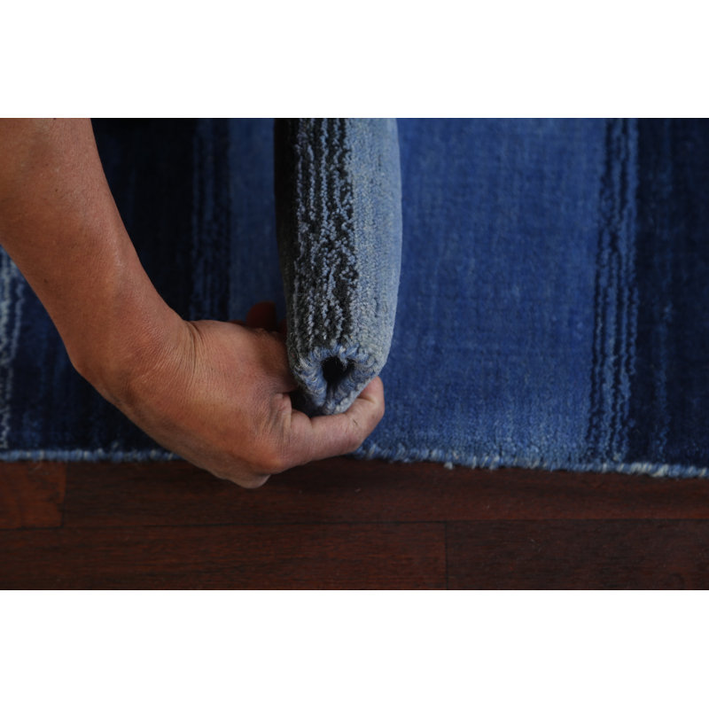 Tapis bleu / gris en laine noué à la main de conception unique 6 pi 8 po x 9 pi 9 po New Age