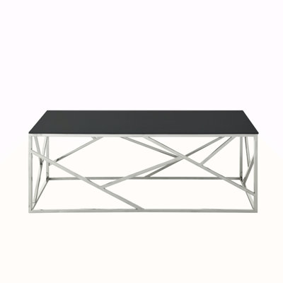 Modern Rectangular Coffee Accent Table With Black Tempered Glass Top And Stainless Steel Frame For Living Room Bedroom