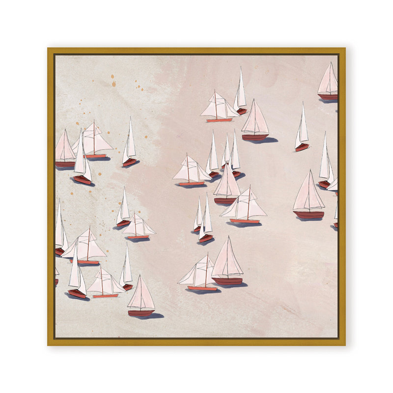 Coastal Retreat Modern Ensemble: Sailboat Odyssey, Beige, Framed Matted Print, 16" H x 16" W