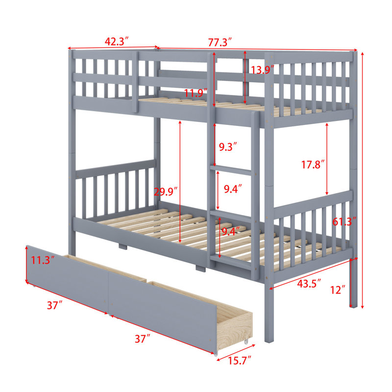 Wood Bunk Bed With 2 Drawers, With Ladder And Safety Guardrails, Convertible Into 2 Beds, Gray