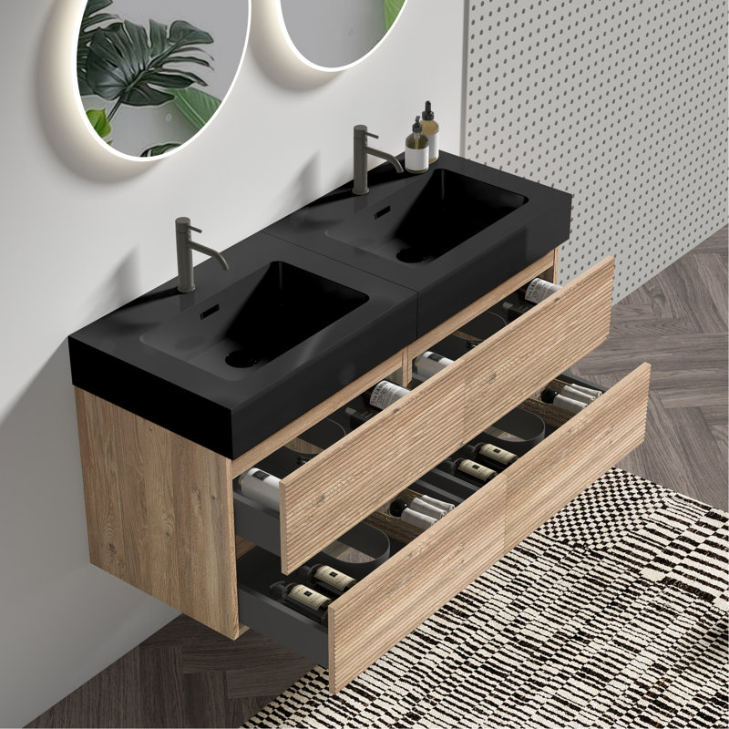 Meuble-lavabo de 48 po avec lavabo noir et tiroirs en chêne brut, fixation murale de style Mid-Century moderne, poignée double dissimulée pour les personnes âgées, finition à l'eau de qualité E0, résistance à l'eau du système