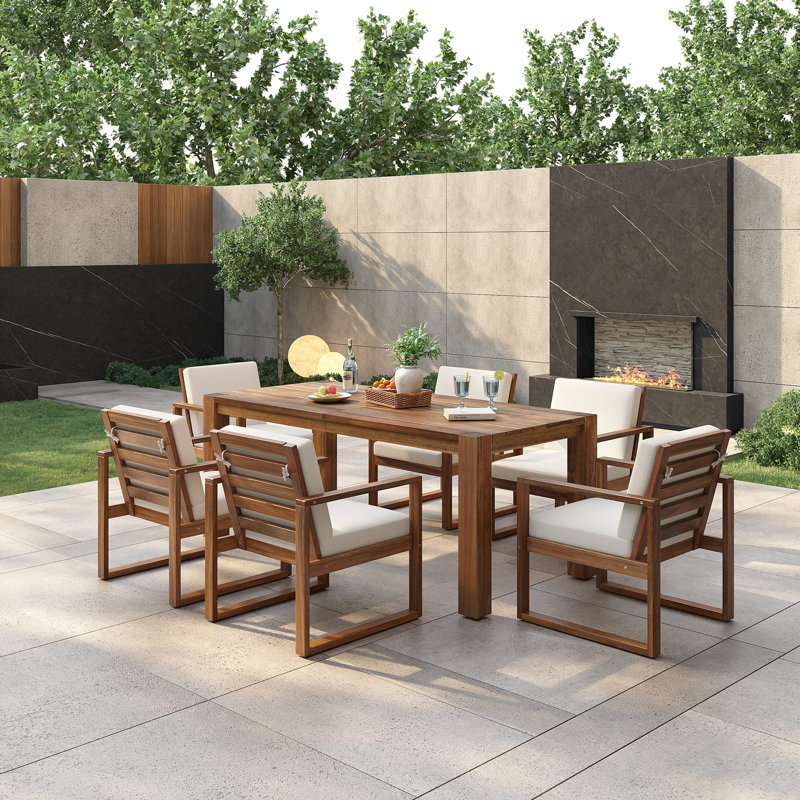 Raelith 7-Piece Outdoor Rectangular Dining Set With Cushions, Mocha