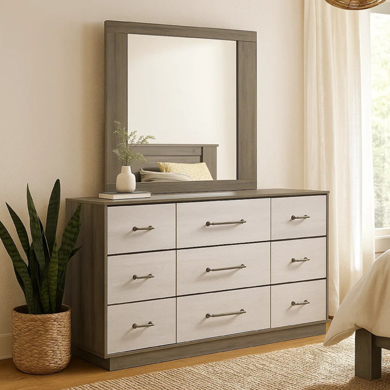 Commode large Fene avec miroir rectangulaire, 9 tiroirs, bois d'amande grise