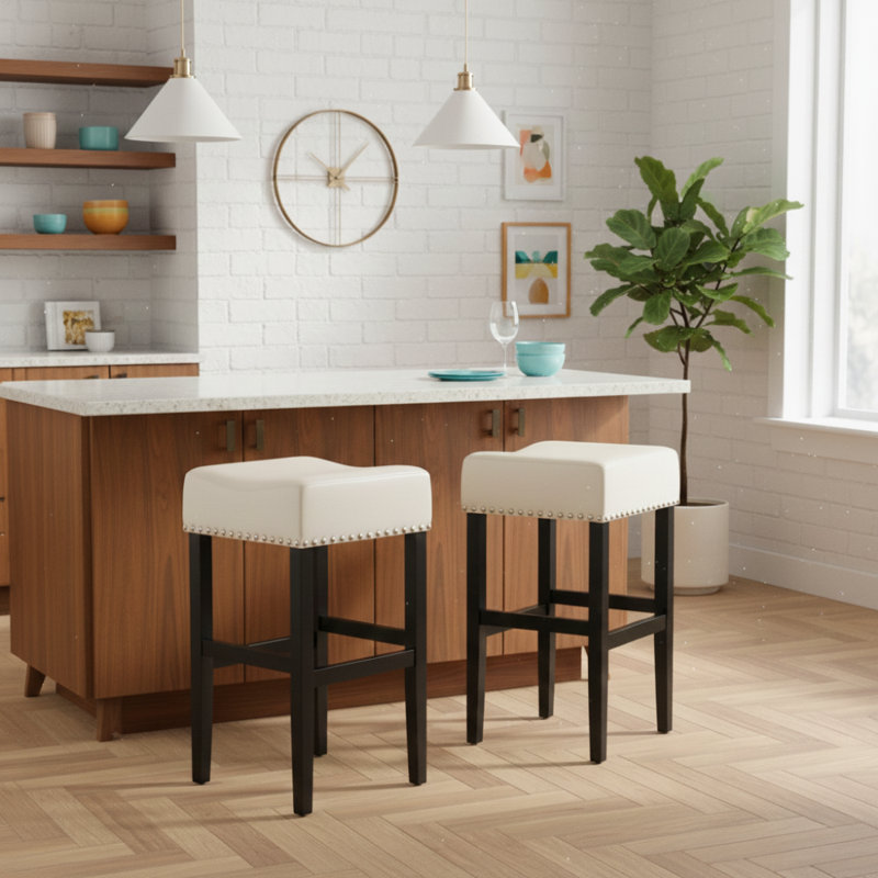Shaws Classic Faux Leather & Solid Wood Counter/Bar Stools with Padded Saddle Seat, Bar Stool (30.50" Seat Height), Ivory