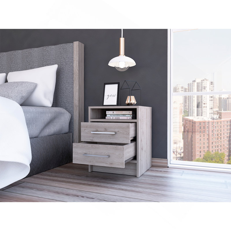 Rowley 2-Drawer 1-Shelf Rectangle Nightstand Light Grey, Light Gray