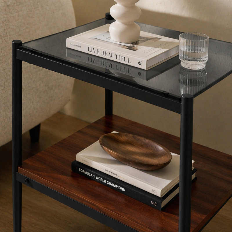 Table de bout rectangulaire polyvalente avec plateau en verre trempé et fabrication en panneau de fibres à densité moyenne durable pour le salon