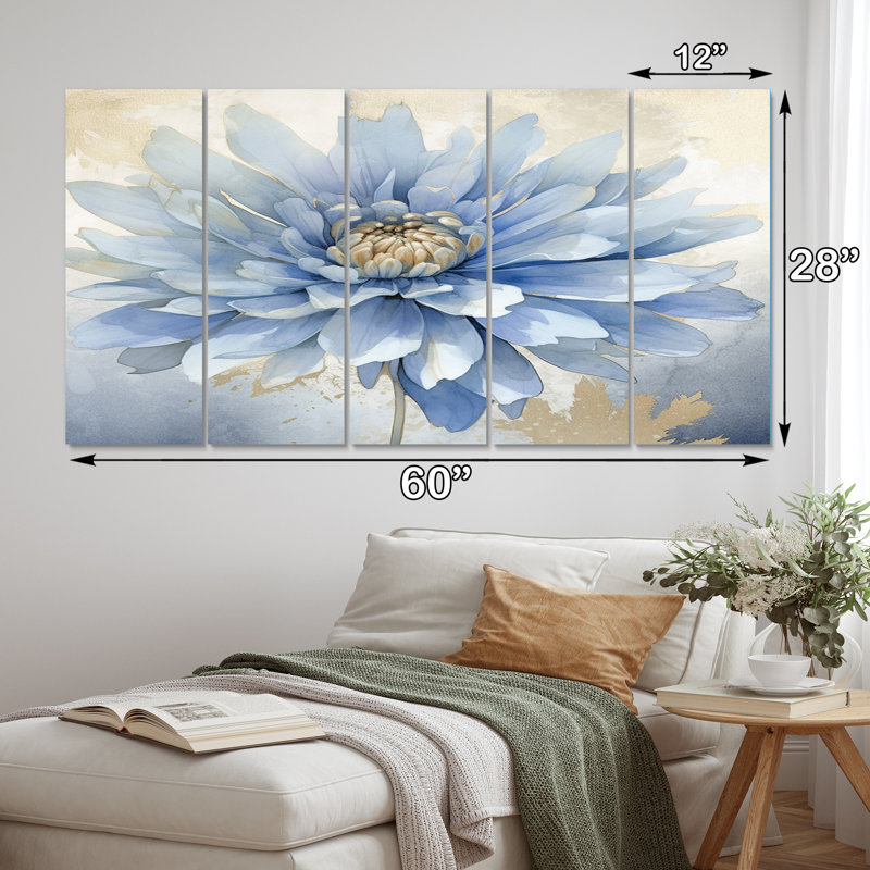 Floraison de fleurs de chrysanthème bleu rétro - décoration murale fleurs - 5 panneaux égaux