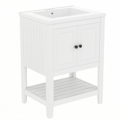 24" Modern Sleek Bathroom Vanity Elegant Ceramic Sink with Solid Wood Frame Open Style Shelf