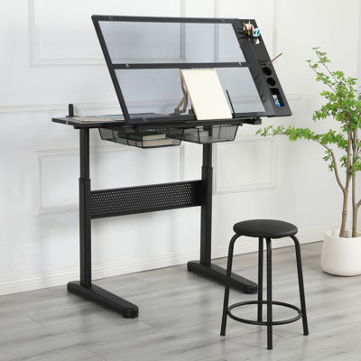 Hand Crank Adjustable Drafting Table Drawing Desk With 2 Metal Drawers with Stool