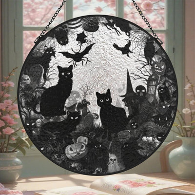 Halloween, chats, scène effrayante, vitrail, panneaux de verre pour décoration de fenêtre