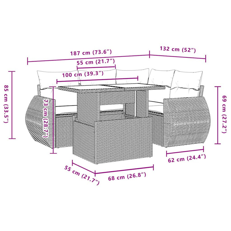 Ensemble de canapé de patio 5 pièces avec coussins en rotin de polyester, Rouge, Brun