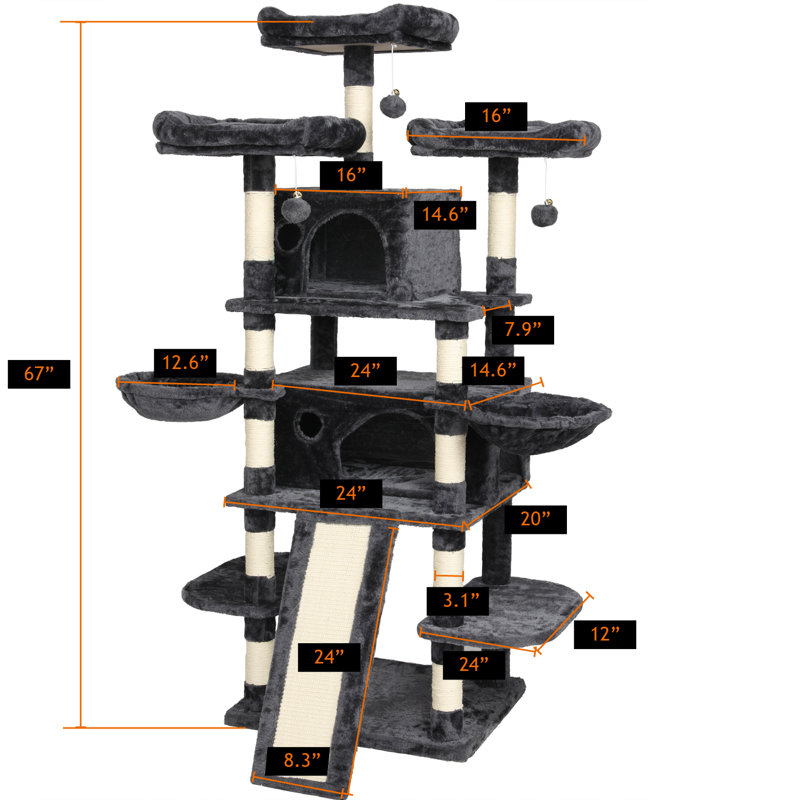 Mendes 67'' H Cat Tree for Large Cats, with basket, condo and scratching Post, Smoke Gray