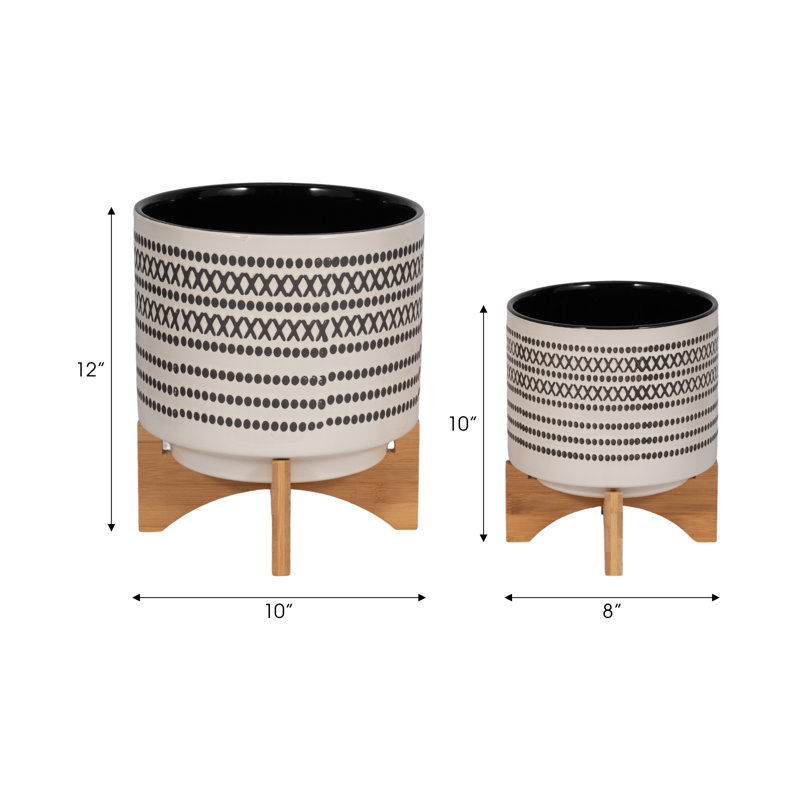 Ceramic and Stoneware Planters with Bamboo Stands - Set of 2, 12" H x 10" W x 10" D, Gray, 2