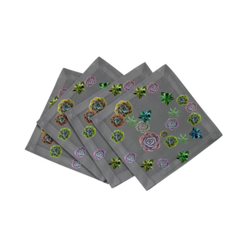 Succulents Floating Cotton Sateen Cocktail Napkins, Gray