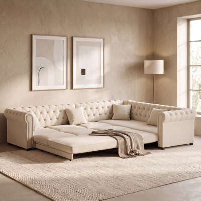 115.32" L-Shaped Sleeper Sectional Sofa Couch with Pull-Out Bed, Oversize Velvet Convertible Sleeper Couch with Deep Seat for Living Room