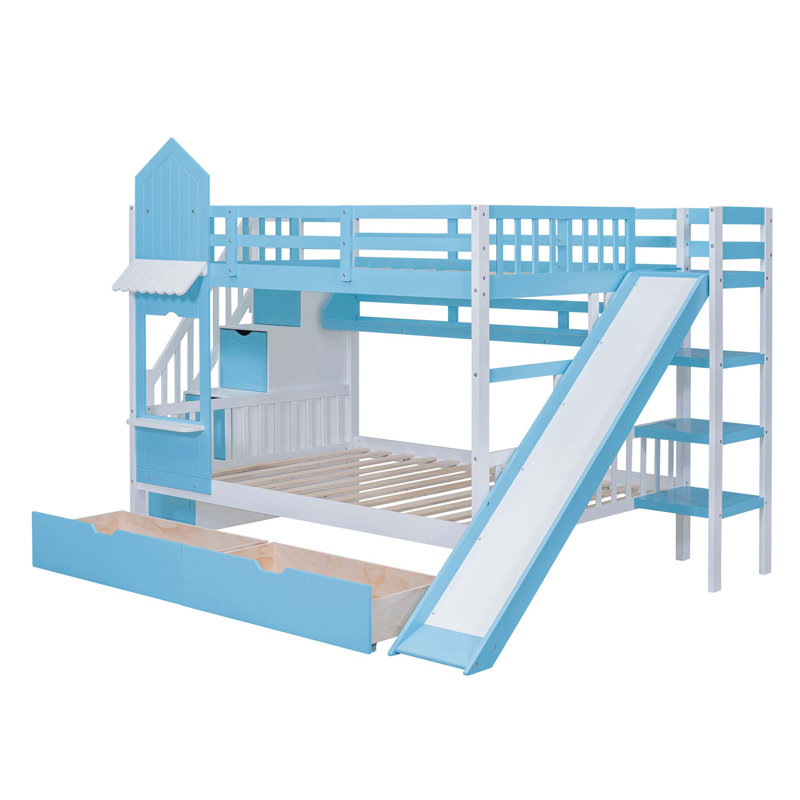 Lit superposé avec glissière et escalier Hatina, Double sur double, Bleu
