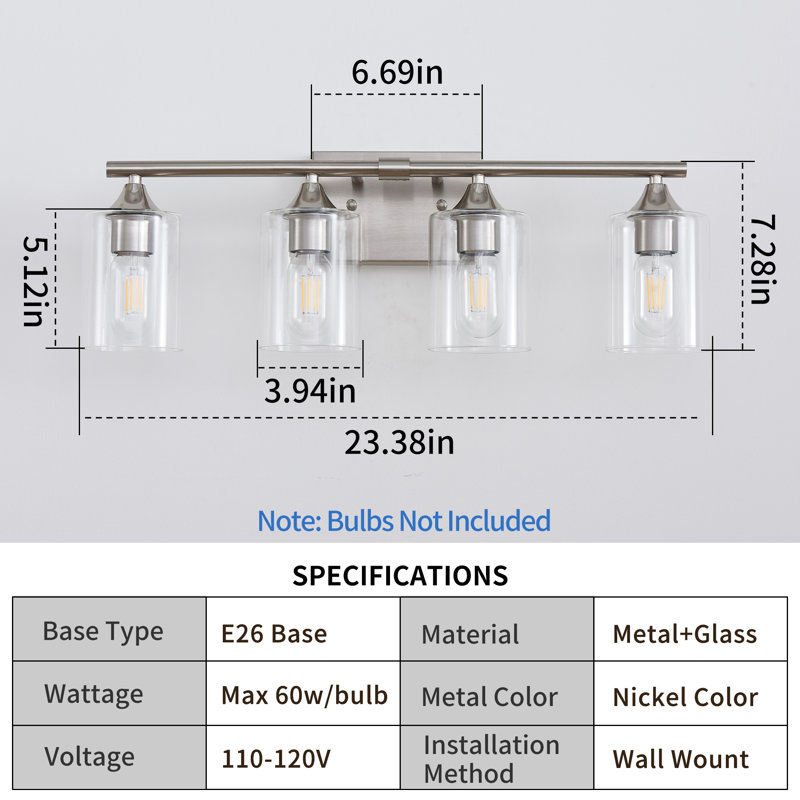 Éclairage pour salle de bain 4 lumières en nickel transparent, 4-Light