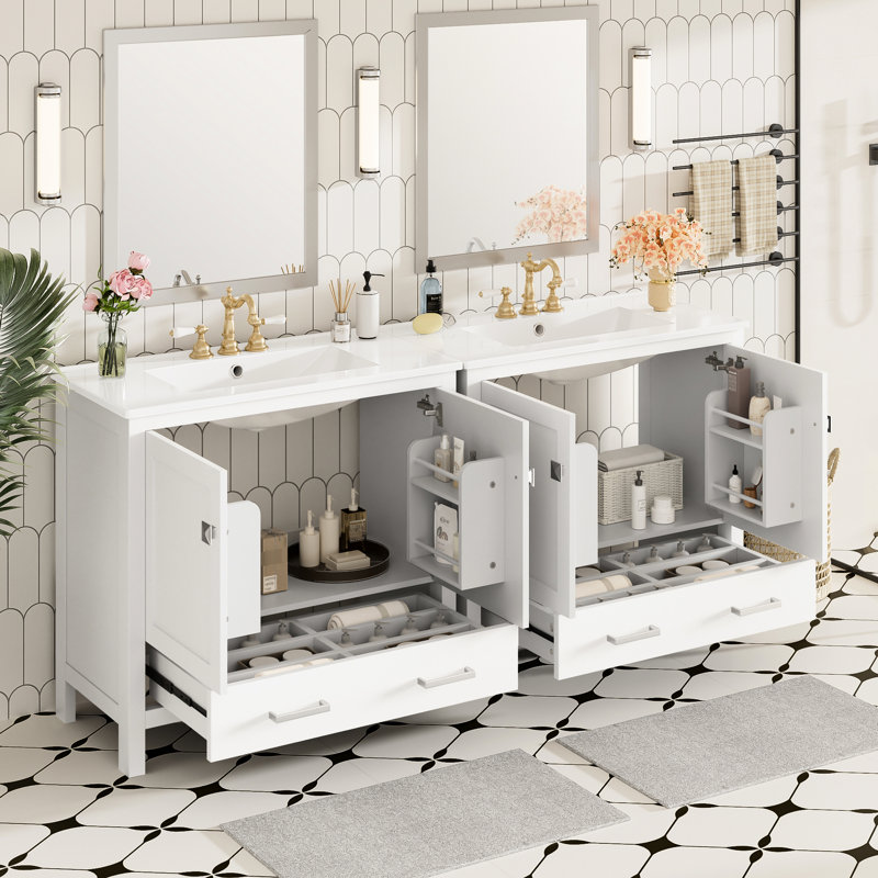  Meuble-lavabo de salle de bain avec double vasque, tiroir divisé et poignées en alliage de zinc pour un look élégant, Blanc