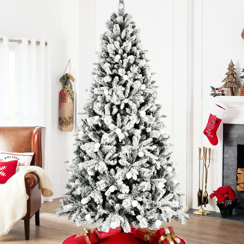 Arbre de Noël floqué 7,5 pi avec lumières DEL 400 l, G45, 10 modes d'éclairage, interrupteur à pédale, 1523 - Support en métal réaliste et stable et support coloré neige réaliste, aiguille dure Pe + + facile à installer