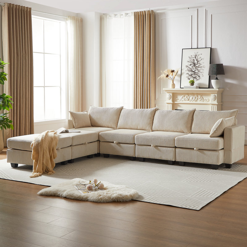 Modular Convertible Corduroy Sofa,U Shaped Sectional Couch with Storage Ottoman and Chaise, Beige Corduroy