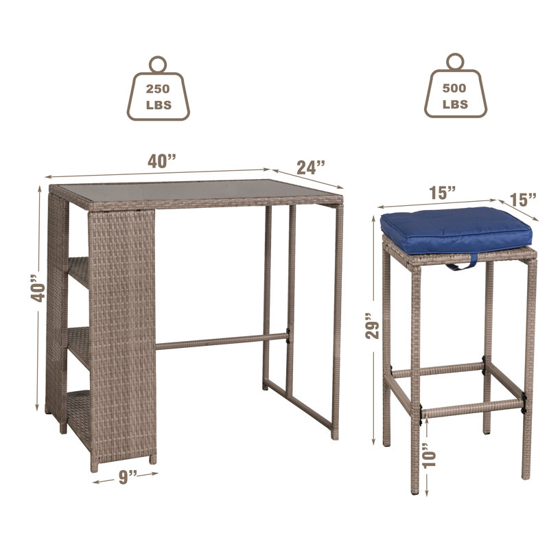 Aldonna 4 - Person Patio Dining Set Rectangular Table with Cushions Included, Blue, Light Gray