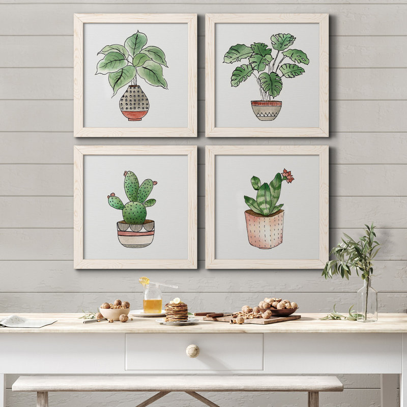 Boho Greenery I - ensemble de 4 peintures sur toile encadrées, Cadre blanc, H 40 po x l 40 po x P 1,5 po