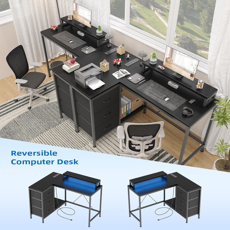 Ergonomic L-Shaped Computer Desk with 4 Power Outlets, 2 USB Ports, 7-LED Lights, Removable Stand, Drawers & Bookshelf