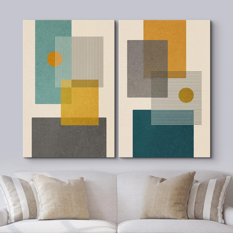 "Abstract Abstract Color Blocks" Mid-Century Green and Yellow Polygon Collage Abstract Formes Modern on Canvas, 2 pièces