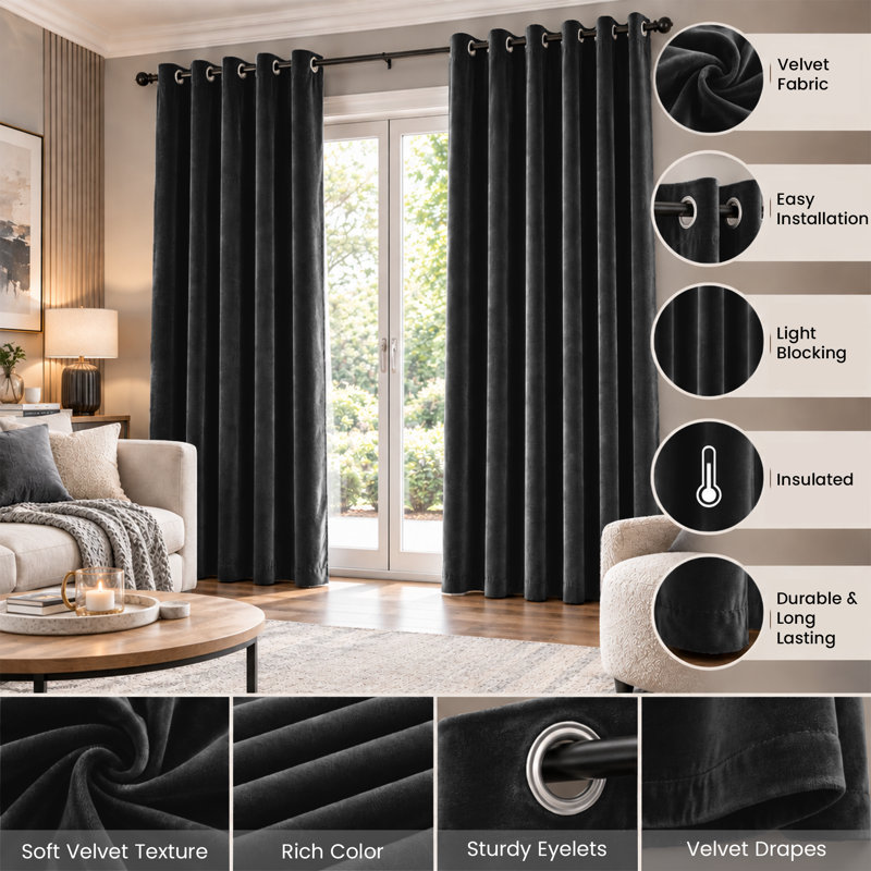 Crushed Velvet Eyelet Curtains – Soft Room Darkening Window Drapes, Black, 117 × 137 cm