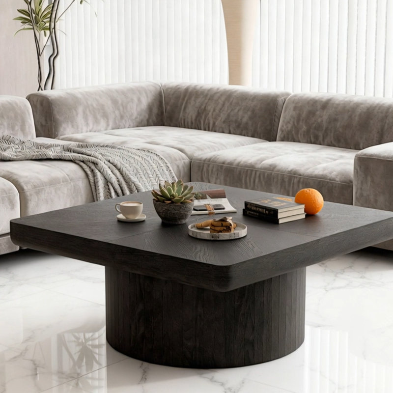 Square Coffee Table With Cylindrical Base, Black