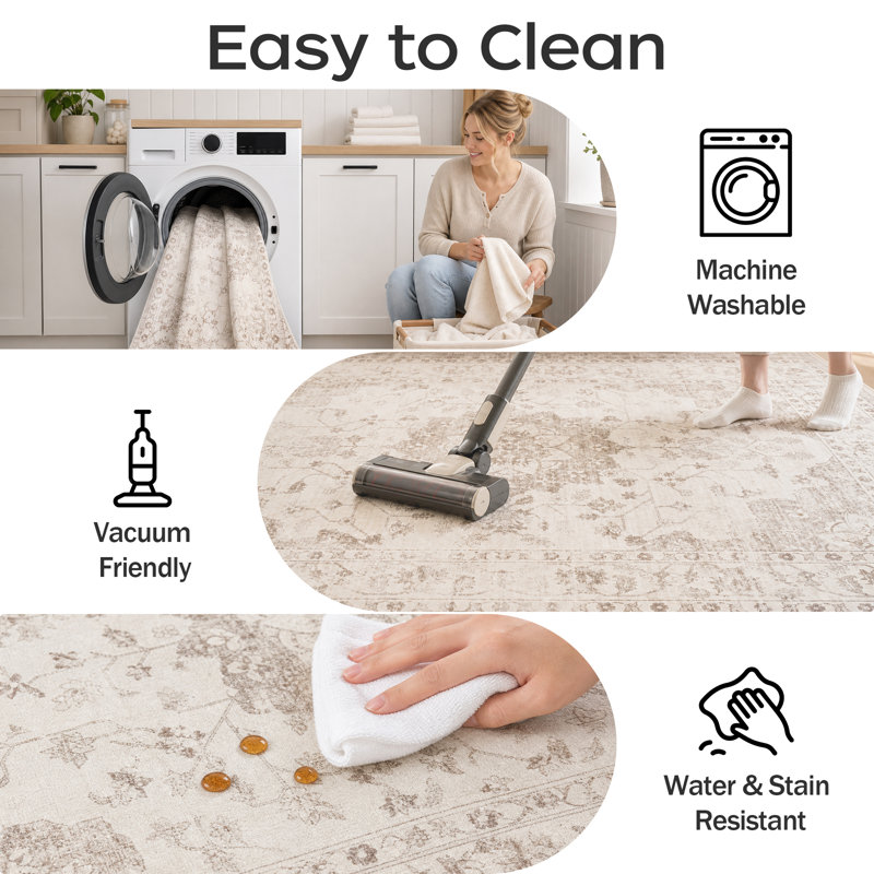 Tapis lavable beige 9 x 12 pi avec tapis médaillon rétro pour salon, chambre à coucher et salle à manger, 9 pi x 12 pi