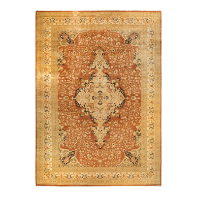 Tapis brun / beige / noir noué à la main de conception unique 12 pi 3 po x 17 pi 8 po Urina Mogul