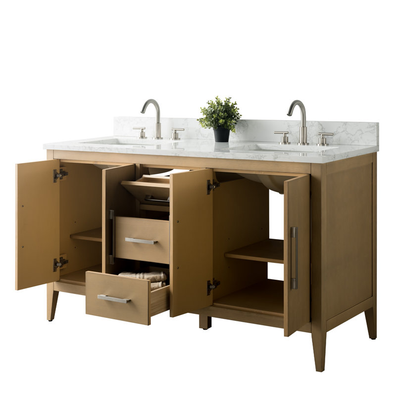 Ensemble de meuble-lavabo double 60 po, Chêne naturel, Nickel brossé