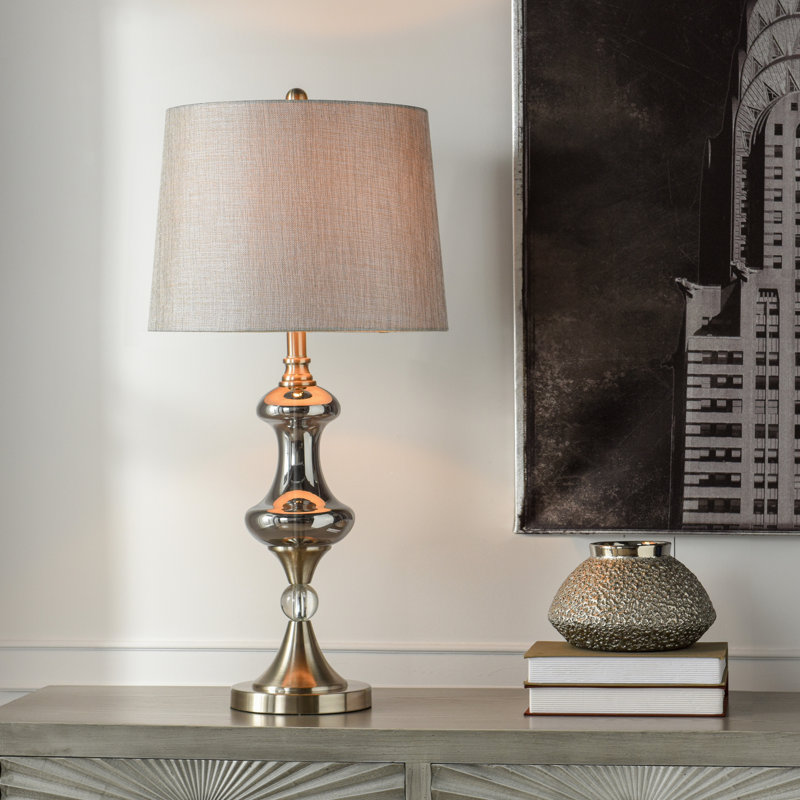Lampe de table en acier - verre argenté - abat-jour gris