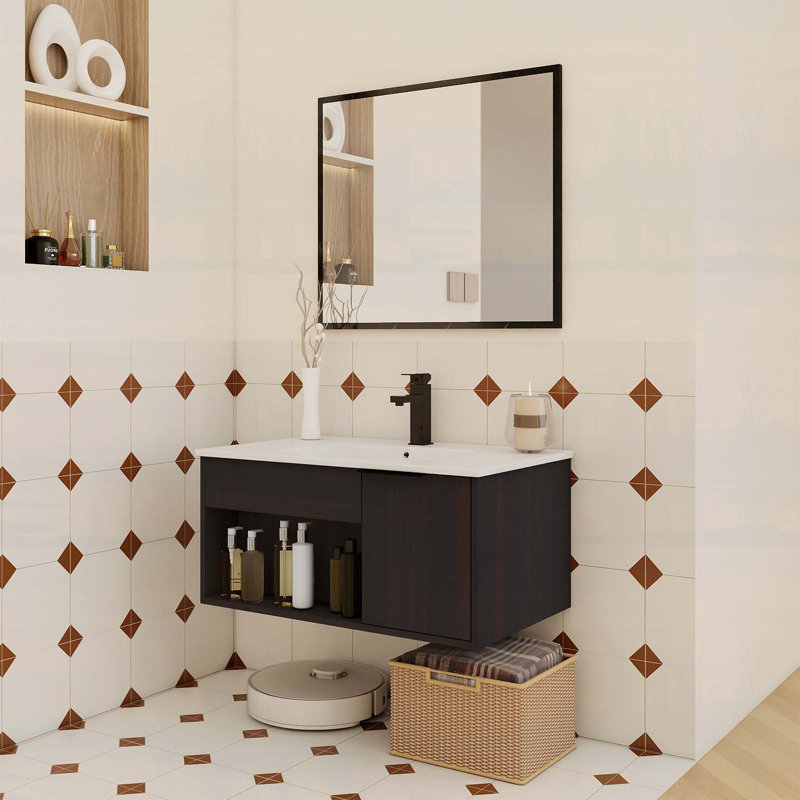 Meuble-lavabo flottant avec lavabo en céramique, tablette ouverte et porte à fermeture en douceur, conception peu encombrante