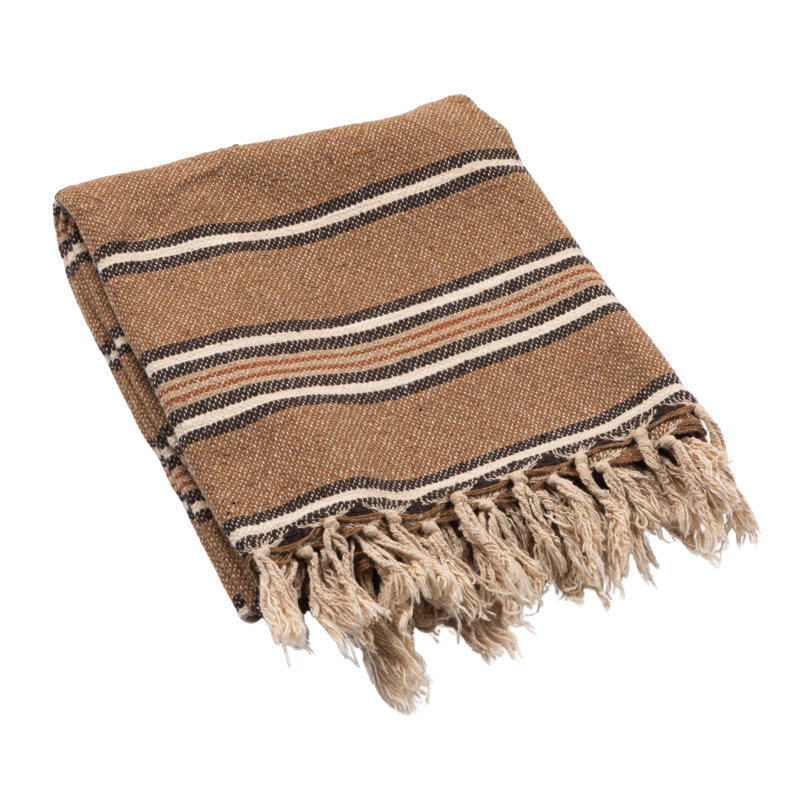 Cotton Blend Throw With Stripes And Fringe