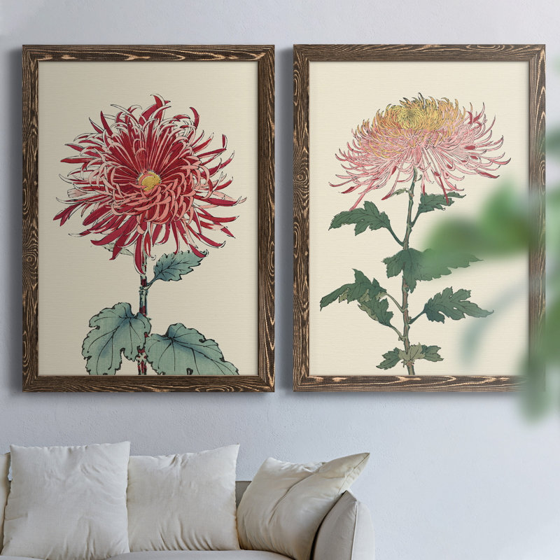 Toile de chrysanthème, Toile avec cadre en noyer, H 37,5 po x l 55 po x P 1,5 po