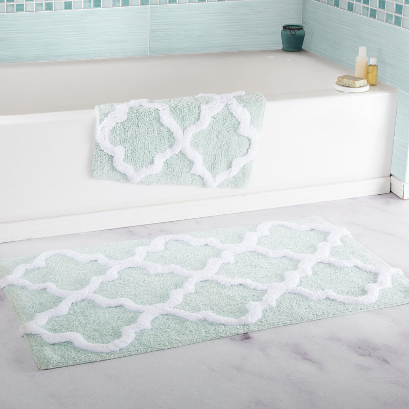 Lavish Home 2 Piece Bathroom Rug Set - 41x24.5 Inch and 34x21 Inch 100% Cotton Bath Mats with Textured Trellis Print for Elegant Bathroom Decor - Bath Rugs Non Slip Washable Bathmats
