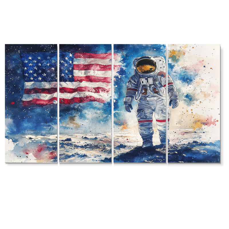 Drapeau des États-Unis sur l'atterrissage de la lune IV - Art mural espace - ensemble d'astronomie murale 4 pièces