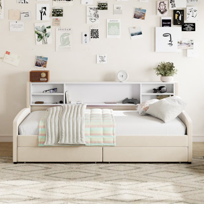 Twin Size Upholstered Platform Bed Frame with Storage Drawers, Modern Space-Saving Bedroom Furniture, Beige