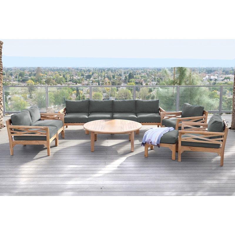 Monterey Teak Outdoor Seating Group with Cushions, Charcoal, 6 Pcs:  Sofa,2Chair,Cushion,Table,Ottoman