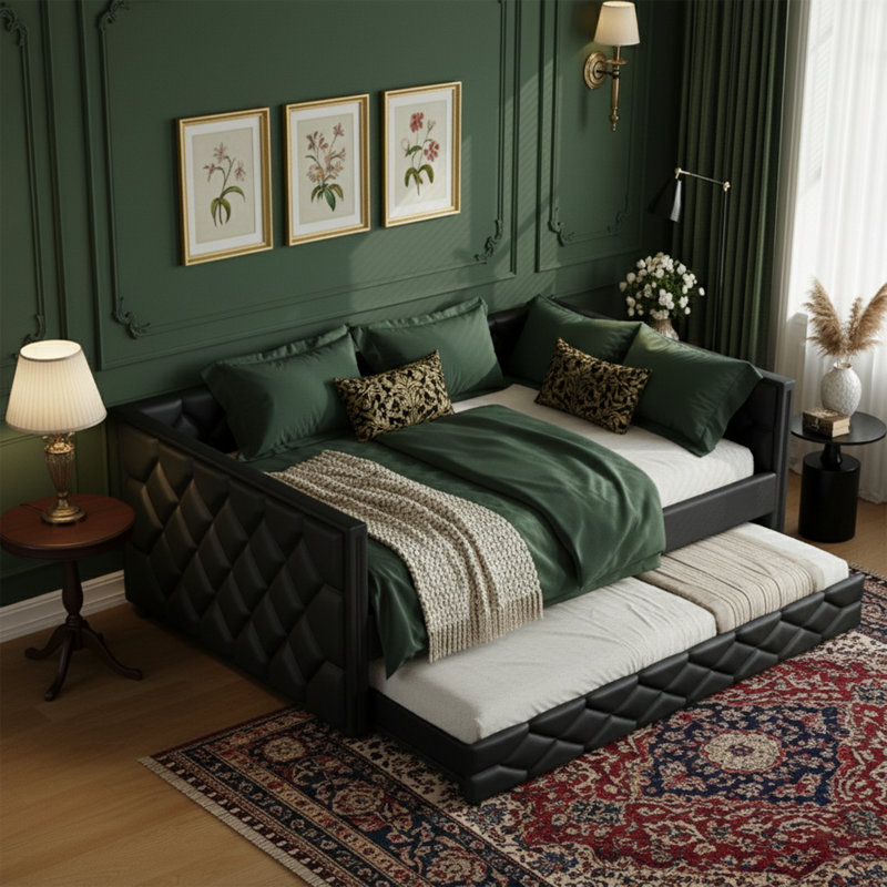 Full XL Upholstered Daybed with Twin Trundle and Smart LED Lights, PU Leather Day Bed Sofa, Black